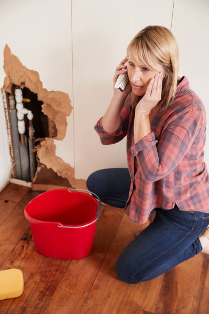 istock Middle aged woman with burst pipe phoning for help, vertical 879655790