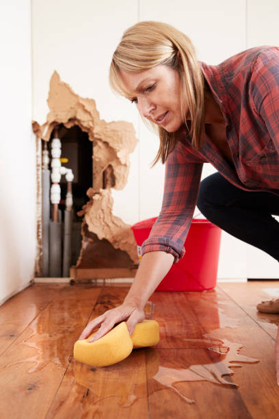 istock Woman mopping up water from a burst pipe with sponge, vertical 879655794