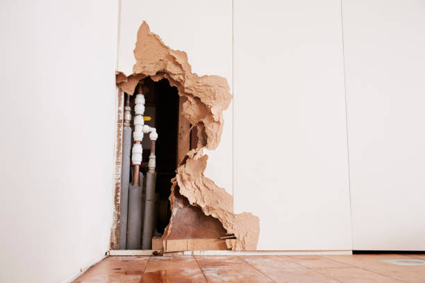 istock Damaged wall exposing burst water pipes after flood 879656628