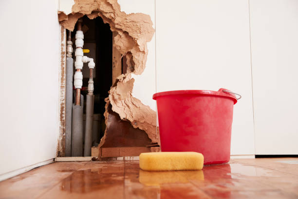 damaged wall, exposed burst water pipes, sponge and bucket - home damage imagens e fotografias de stock