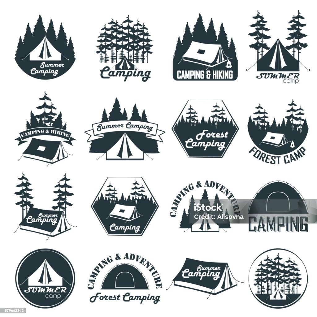Set of vintage camping emblems, logos and badges Set of vintage camping emblems, logos and badges. Camp tent in forest. Vector illustration Tent stock vector