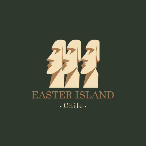 illustrazioni stock, clip art, cartoni animati e icone di tendenza di striscione con statue moai dell'isola di pasqua, chili - easter island moai statue chile sculpture