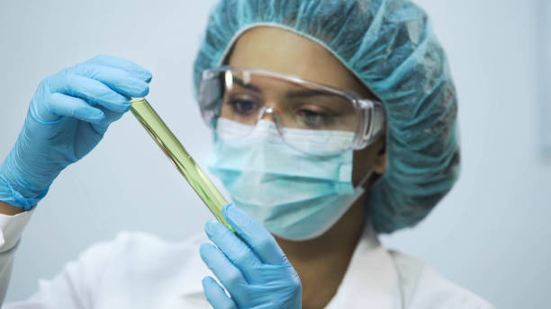 istock Attractive lab assistant analyzing biomaterial in tubes, biochemical research 879686508