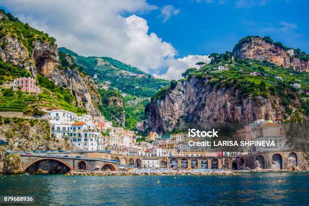 View From The Sea On The Beautiful Architecture Of The City Of Amolphi Italy Stock Photo - Download Image Now