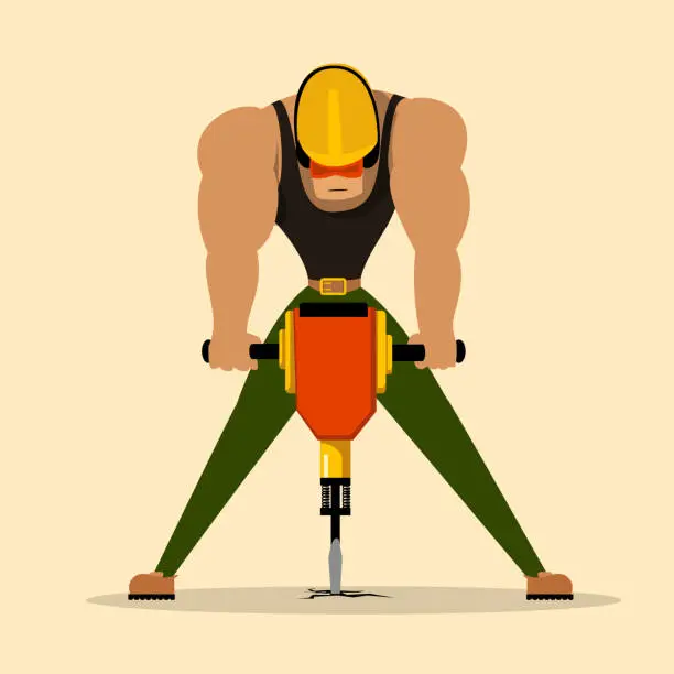 Vector illustration of Worker drilling with jackhammer