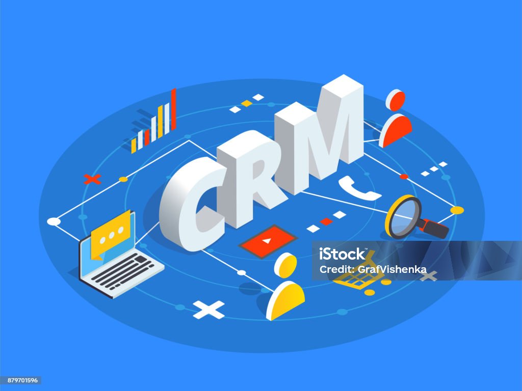 Illustration vectorielle isométrique de CRM. Historique concept de Customer relation management. Démarche d’interaction client et entreprise. - clipart vectoriel de Gestion de la relation client libre de droits