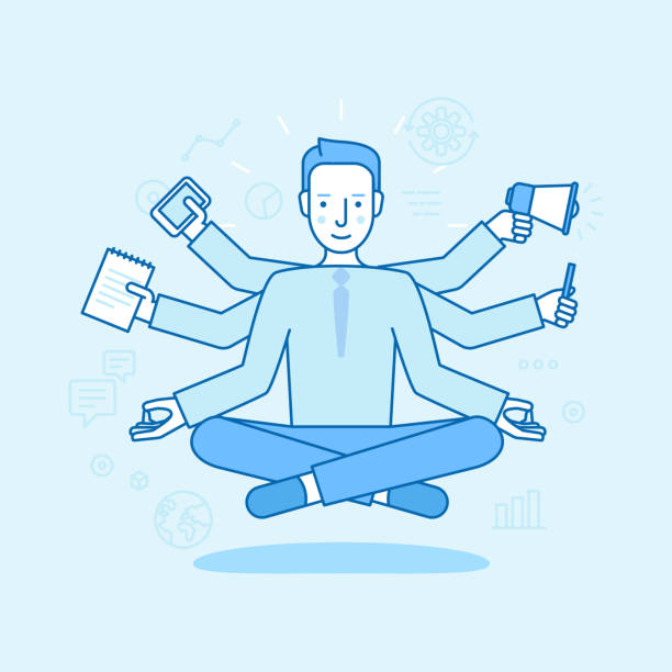 Vector illustration in flat linear style and blue color - business man meditating Vector illustration in flat linear style and blue color - business man sitting and meditating in lotus pose with six hands - multitasking concept - freelance work and effective time management cross legged illustrations stock illustrations