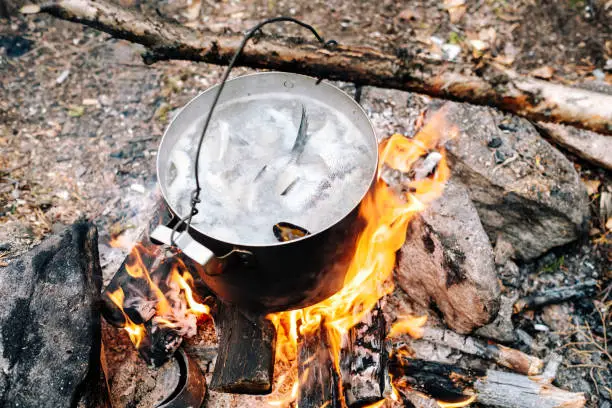 The process of cooking fish soup in the campaign. Metal cauldron of on the fire