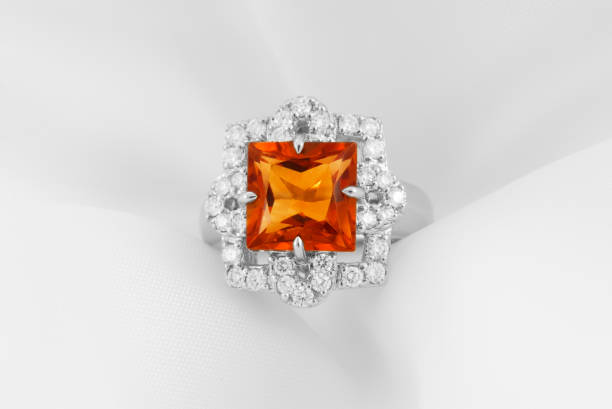 istock White gold ring with citrine and diamonds on soft white background 879709182