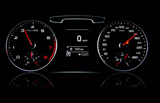 Glowing car dashboards in black and red colors