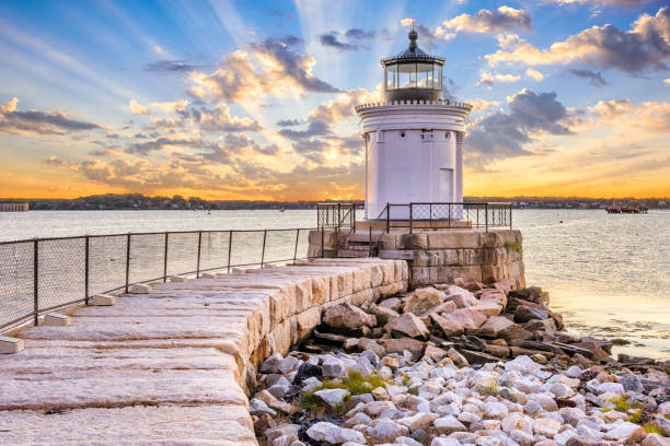 South Portland, Maine, USA South Portland, Maine, USA at the Portland Breakwater Light. groyne stock pictures, royalty-free photos & images