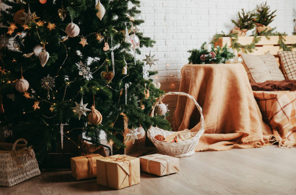 Christmas tree and presents in living room