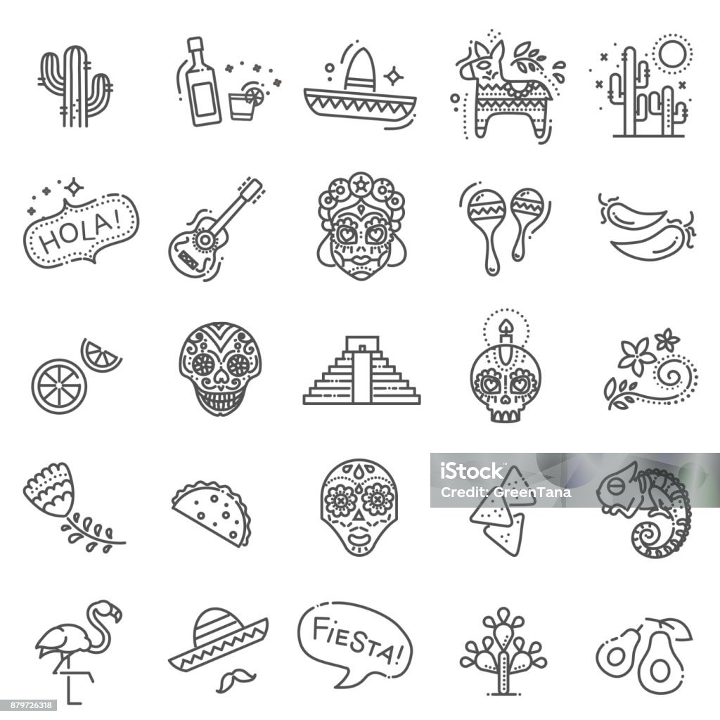Mexican culture icons set. Day of the Dead The objects of everyday life of the Mexican people and their landmarks. Sights Of Mexico Icon stock vector