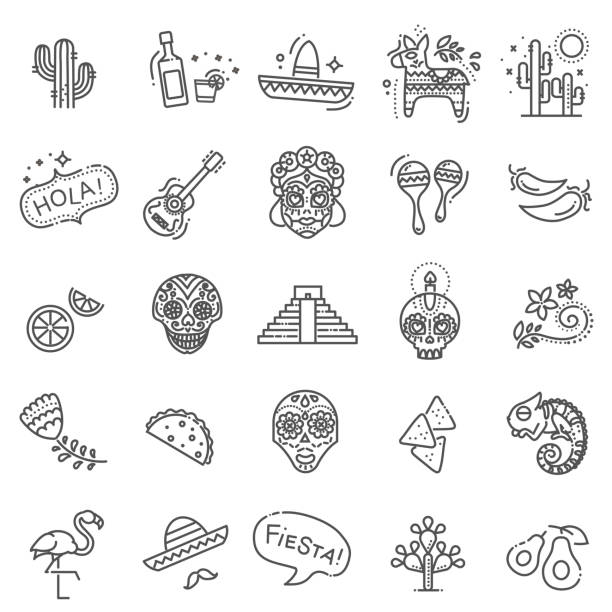 Mexican culture icons set. Day of the Dead The objects of everyday life of the Mexican people and their landmarks. Sights Of Mexico guitar symbols stock illustrations