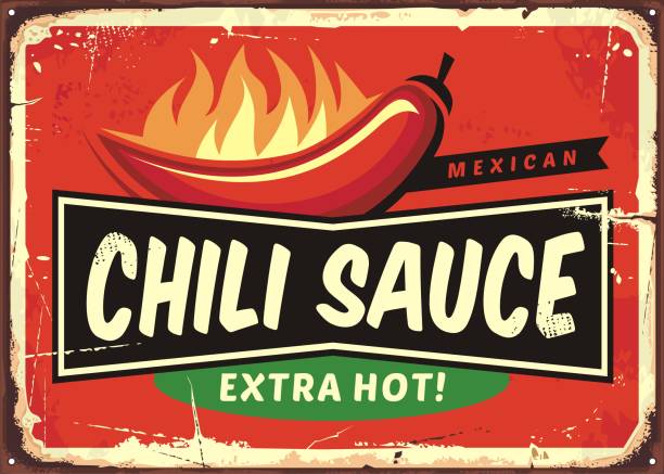 Chili sauce vintage tin sign with chili pepper on fire Chili sauce vintage tin sign with chili pepper and hot flame. Delicious Mexican food advertising on retro metal background. chili con carne stock illustrations