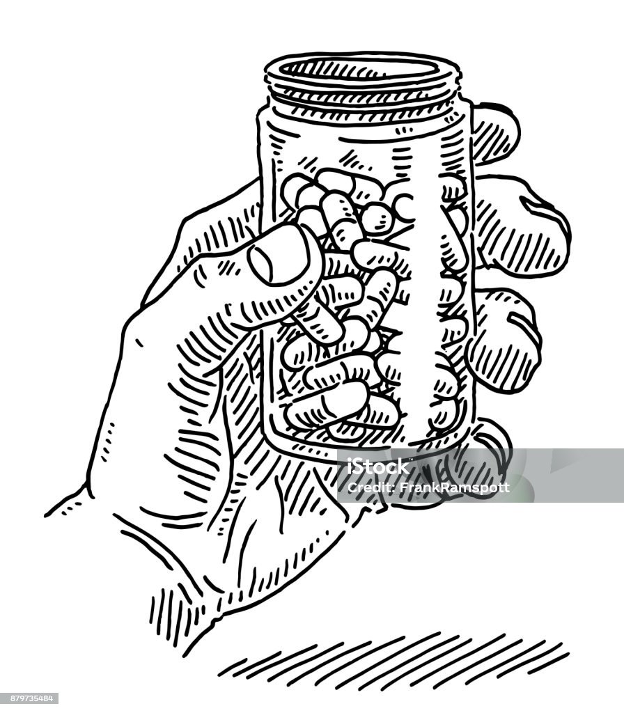 Hand Holding A Pill Bottle Drawing Hand-drawn vector drawing of a Hand Holding A Pill Bottle. Black-and-White sketch on a transparent background (.eps-file). Included files are EPS (v10) and Hi-Res JPG. Drawing - Art Product stock vector