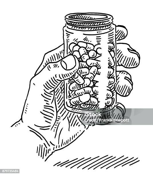 Hand Holding A Pill Bottle Drawing Stock Illustration - Download Image Now - Drawing - Art Product, Pill, Capsule - Medicine