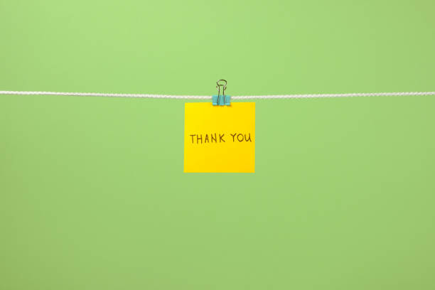 istock Yellow paper note on clothesline with text Thank You over colorful background 879735806