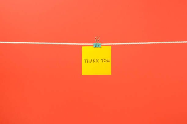 istock Yellow paper note on clothesline with text Thank You over colorful background 879735808