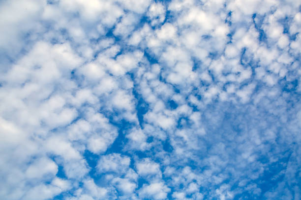 istock Fancy shapes of flying clouds in the blue sky 879736398
