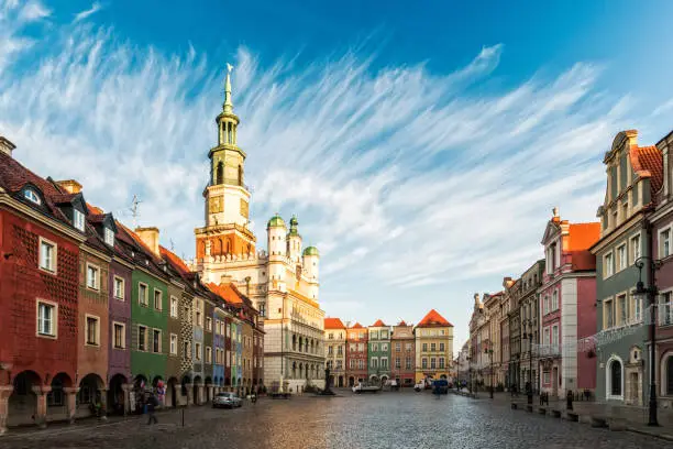 Colorful renaissance facades on the central market square in Poznan, Poland