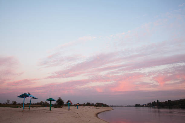 Blue sky with white and blue, and pink clouds. Clear sky. Beautiful landscape
