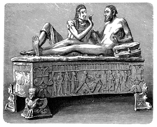 illustrazioni stock, clip art, cartoni animati e icone di tendenza di sarcofago penelli ,sarcofago in terracotta con una coppia sposata sdraiata sul coperchio - cortona