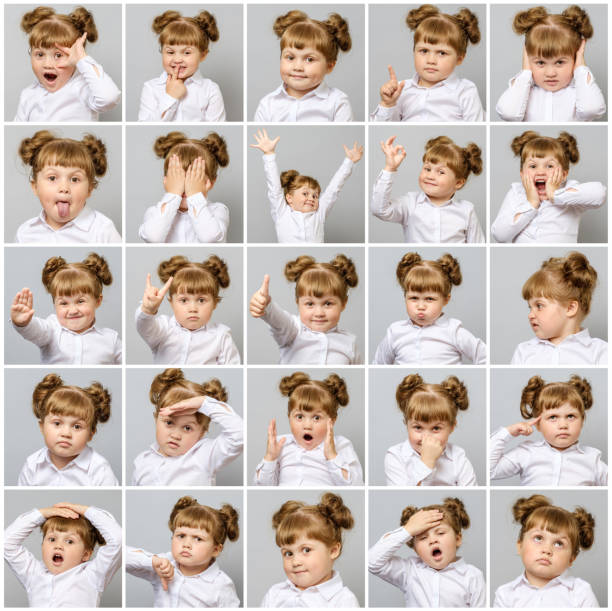 collage der kleine süße mädchen mit verschiedenen emotionen und gesten auf grauem hintergrund - making a face child humor human face stock-fotos und bilder