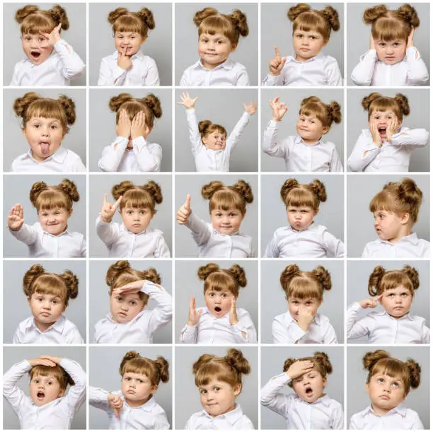 Collage of little cute girl with different emotions and gestures on gray background