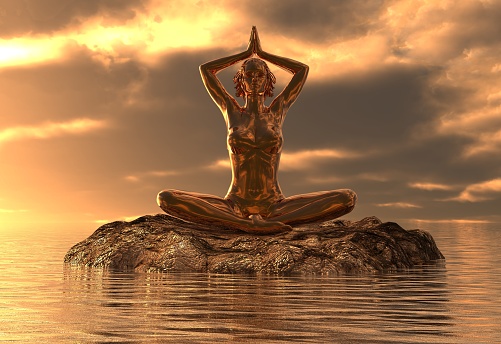 statue golden girl doing yoga at sea 3d illustration