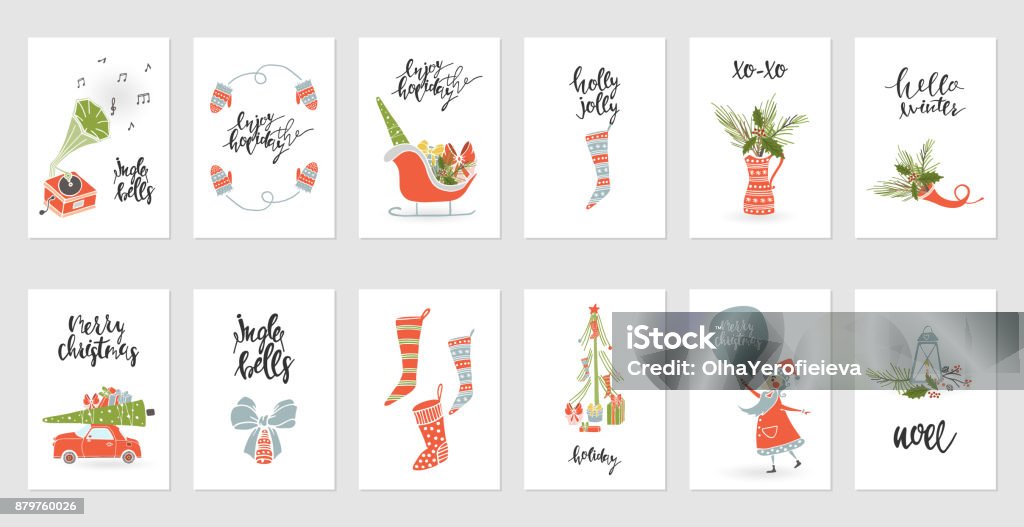 Collection Merry Christmas gift cards Collection of 12 Merry Christmas and Happy New Year gift cards. Set of hand drawn holiday template for New 2018 Year Cards and Merry Christmas posters Vacations stock vector