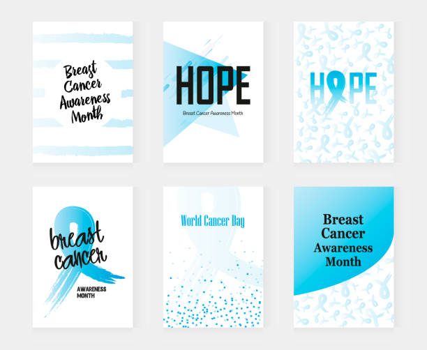 zestaw banerów świadomości raka piersi z niebieskimi wstążkami. - beast cancer awareness month stock illustrations