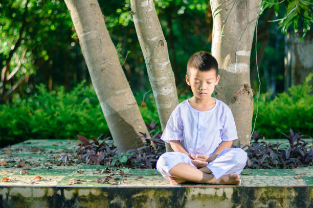 istock kid on white clothing , practice sitting Meditation under the big tree with peace in mind 879766100