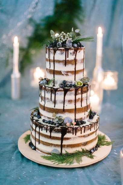 gotowanie, słodycz, koncepcja ślubu. z bliska trzypoziomowego niesamowitego ciasta z białymi i brązowymi streepami i czekoladowym lukierem na krawędziach, ozdobionym kwiatami - cake tier zdjęcia i obrazy z banku zdjęć