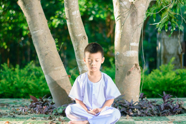 istock kid on white clothing , practice sitting Meditation under the big tree with peace in mind 879769302