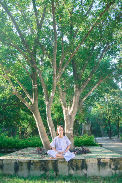 istock kid on white clothing , practice sitting Meditation under the big tree with peace in mind 879770018