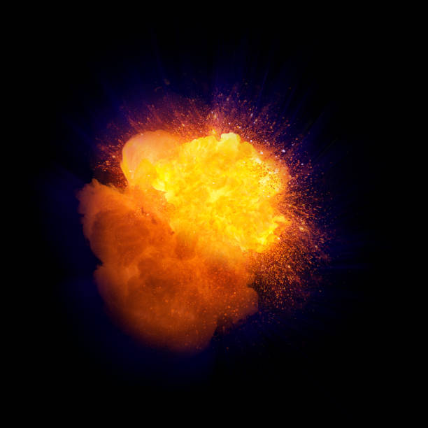istock Realistic fire explosion, orange color with blue cast and sparks 879776038