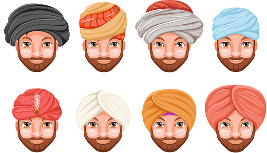 Fashion turban headdress indian arab culture sikh sultan bedouin cute beautiful man head hat isolated icons set cartoon design video chat effects photo portrait vector illustration.