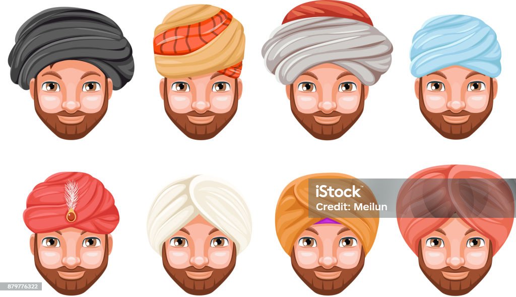 Fashion Turban Headdress Arab Indian Culture Sikh Sultan Bedouin Cute  Beautiful Man Head Hat Isolated Icons Set Cartoon Design Video Chat Effects  Photo Portrait Vector Illustration Stock Illustration - Download Image Now -