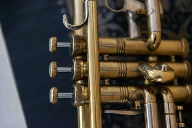 재즈 트럼펫 밸브 - close up musical instrument trumpet valve 뉴스 사진 이미지