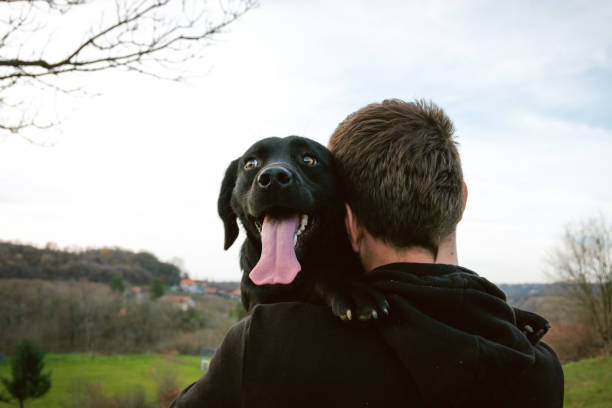 istock Rear view of a young man hug his dog 879777634