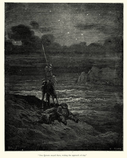 Don Quixote stayed there, waiting the approach of day Illustration from Don Quixote, by Miguel de Cervantes, illustrated by Gustave Dore.  Don Quixote stayed there, waiting the approach of day don quixote stock illustrations
