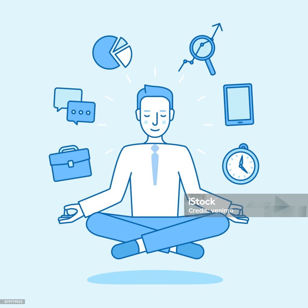 Vector illustration in flat linear style and blue color - business man sitting and meditating in lotus pose Vector illustration in flat linear style and blue color - business man sitting and meditating in lotus pose - effective business management concept Yoga stock vector