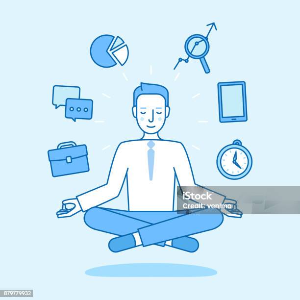 Vector Illustration In Flat Linear Style And Blue Color Business Man Sitting And Meditating In Lotus Pose Stock Illustration - Download Image Now
