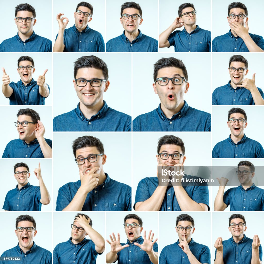 Set of young man's portraits with different emotions and gestures isolated Facial Expression Stock Photo