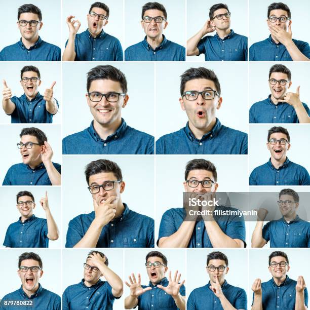 Set Of Young Mans Portraits With Different Emotions And Gestures Isolated Stock Photo - Download Image Now