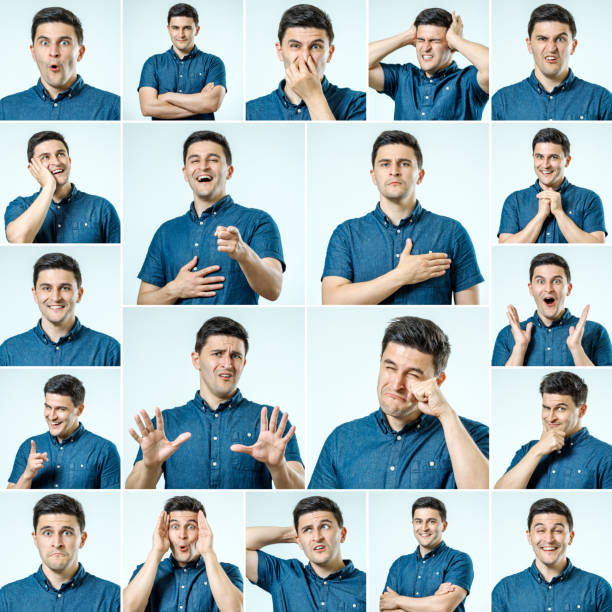 istock Set of young man's portraits with different emotions and gestures isolated 879781108