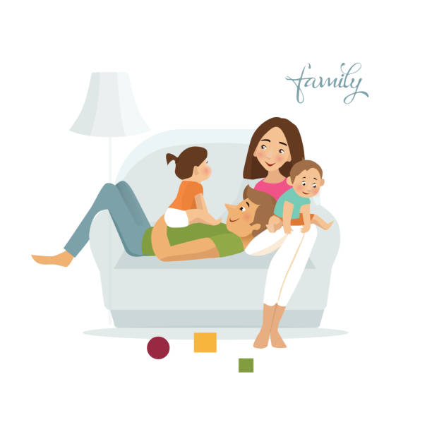 Print Happy family on sofa. Flat design cute pregnant woman with gift stock illustrations