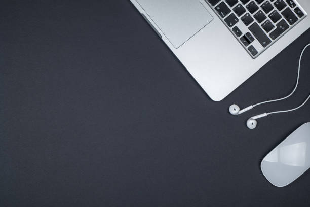 istock Minimal home office desk. Top view shot. Freelancer workplace concept 879788310