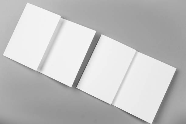 istock Blank portrait. changeable background / white paper isolated on gray. identity design, corporate templates, company style, set of booklets, blank white folding paper flyer 879789282